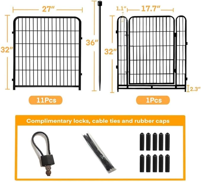 Garden Fence with Gate 32 in(H)×26.6 Ft(L) 12 Panels, Heavy Duty Iron Animal Barrier Fence for Yard, Suitable for Indoor Pet Fence Or Outdoor Dog Fencing