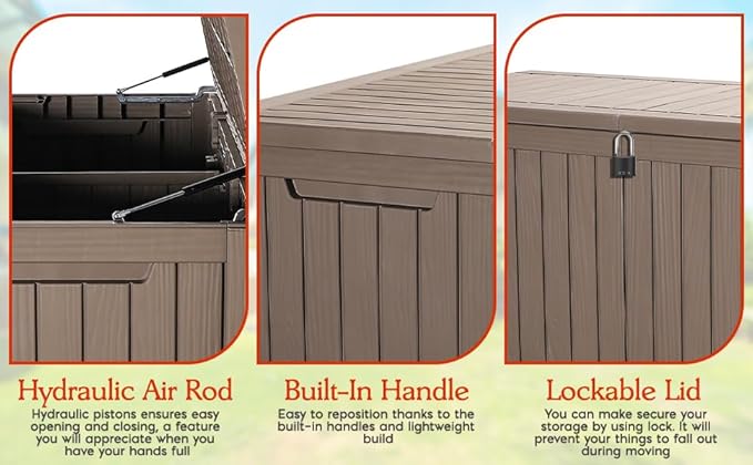 180 Gallon Large Resin Outdoor Storage Deck Box, for Patio Cushions, Garden Tools, Sports Equipment, and Pool Supplies, Lockable & Waterproof (Brown)
