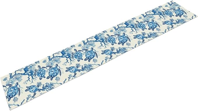 Sea Turtle Table Runner, Summer Coastal Nautical Coral Undersea Tropical Rustic Farmhouse Coffee Table Center Decor for Home Kitchen Dining Patio Holiday Party Table Decorations 13"x108"