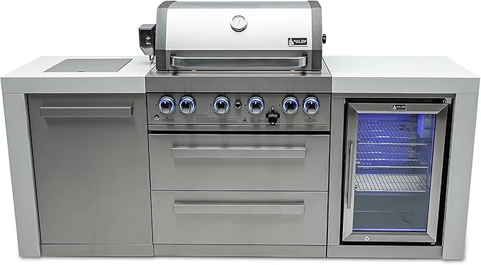 Mont Alpi MAi400-DFC 32-Inch 4-Burner 78000 BTU Deluxe Stainless Steel Gas Outdoor Kitchen Bar Barbecue Island Grill w/Infrared Side Burner + Wine Cooler Compact Refrigerator + Rotisserie Kit