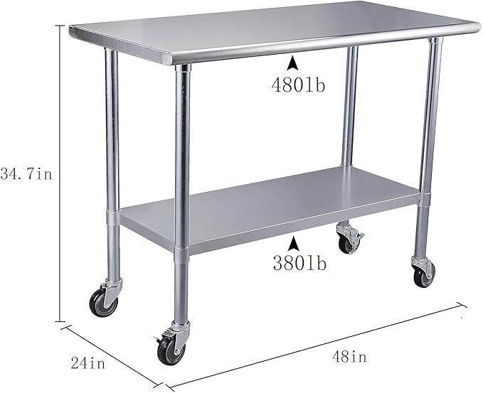 ROCKPOINT Stainless Steel Table for Prep & Work with Caster Wheels 24x48 Inches, NSF Metal Commercial Kitchen Heavy Duty Table with Adjustable Under Shelf and Table Foot for Restaurant, Home and Hotel