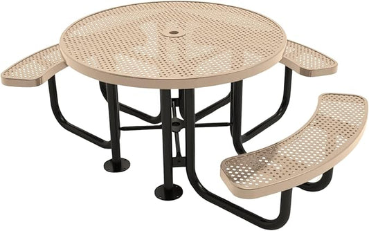 COATEDOUTDOORFURNITURE Heavy-Duty Portable Outdoor Picnic Table with Umbrella Hole, Punched Steel Patio Dining Furniture Made in America (46" Round Top, Tan)