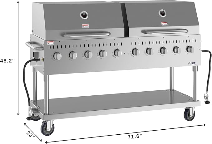72 in. 10-Burner Commercial Outdoor Propane Gas Grill with Two 36 in. Roll Dome Covers in Stainless-Steel, ETL Listed (CGKIT7-D36D36)