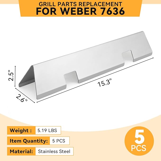 15.3 inch Flavorizer Bars for Weber Spirit I & II E310 E320 E330 S310 S320 S330 Gas Grills with Front Control Knobs, Replacement for Weber Spirit Grill Parts 7636, Stainless Steel, 5 PCS
