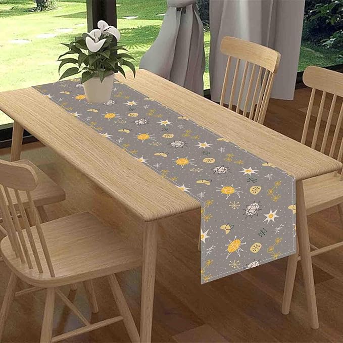 Mid Century Modern Table Runner, Retro 1950s 1960s Atomic Abstract Gray Cute Coffee Table Center Decor for Home Kitchen Dining Patio Holiday Party Indoor Outdoor Table Decorations, 13"x90" Inch