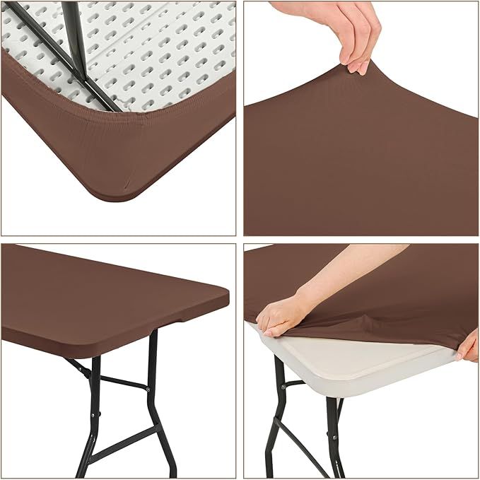 6 Pack Stretch Fabric Table Top Cap Cover, fits 8' Tables, Spandex Table Covers Washable Elastic Rectangle Tablecloth Protector for Indoor Outdoor Party Picnic Wedding, Coffee, 30" W x 96" L