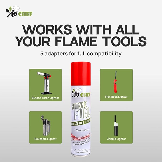 Jo Chef Butane Refill, Butane Torch Fuel Refill, Gas Lighter Fluid Refill Canister, Kitchen Blow Torch Fluid – Universal Tip – (1 Can 5.07oz)