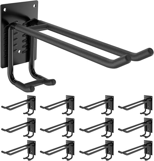 12 Pack Garage Hooks Heavy Duty 10 INCH Double-Layer Steel Shed Wall Mount Workshop Garage Storage Organizer Hooks for Hanging Garden Tool, Hose, Ladder, Chairs, Bikes with Anti-Slip Coating