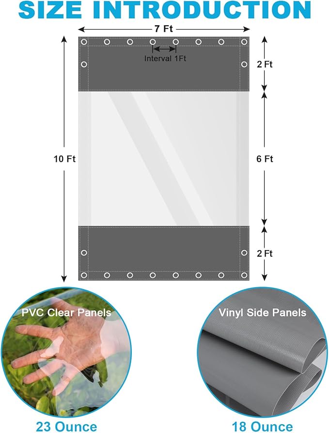 Clear Vinyl Curtains for Patio Enclosure, 23oz Heavy Duty Waterproof Anti-UV and Tear-Resistant Tarpaulin with Grommets, Weatherproof Panels for Porch, Pergola, Gazebo, Balcony, Outdoor