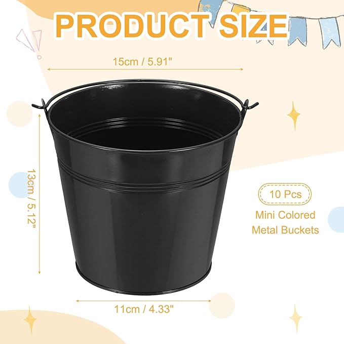 Small Metal Buckets, Mini Buckets with Handle Galvanized Colored Tin Pail Containers Basket Party Supplies - Fit for (Halloween - Classroom Crafts) 6" & 10Pcs & Black