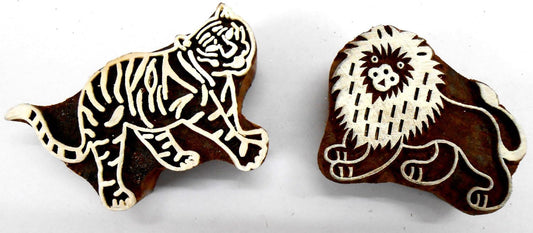 Lion Tiger Wooden Blocks Stamps for Printing on Textiles, Pottery Crafts,Henna, Scrapbooking (Set of 2)