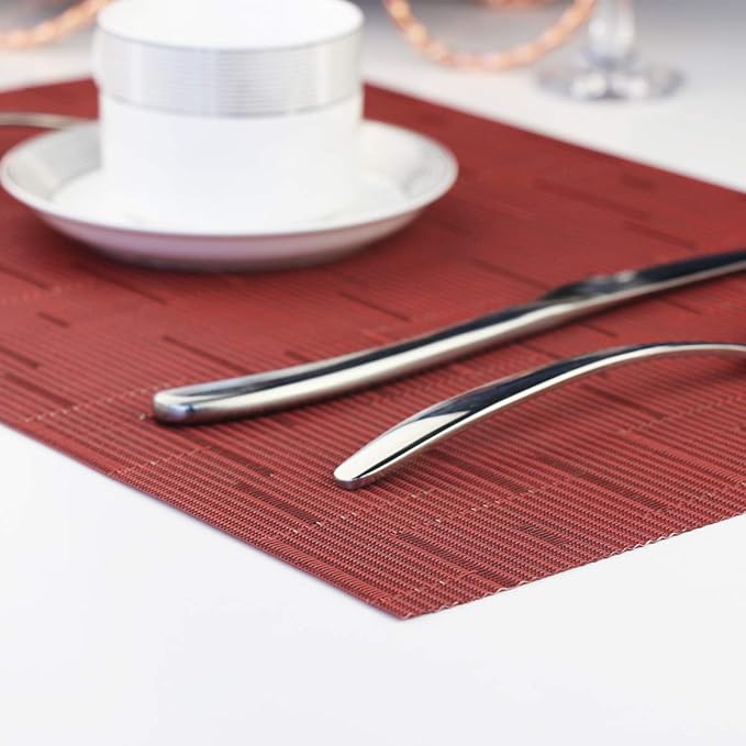 PIGCHCY Elegant Placemats with Matching Table Runner,Washable Durable Placemats Crosswoven Vinyl Table mats Sets(6pcs Placemats+1pcs Table Runner,Same Style,Burgundy Red)