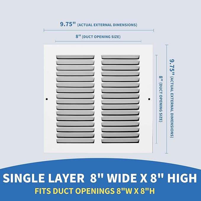8x8 Vent Cover (Duct Opening Size), Air Return Vent Cover, AC Vent Cover, Cold Air Return Vent Cover, Flat Return Air Grilles, Outer Dimensions:9.75"W x 9.75"H (8"W x 8"H, Duct Opening)