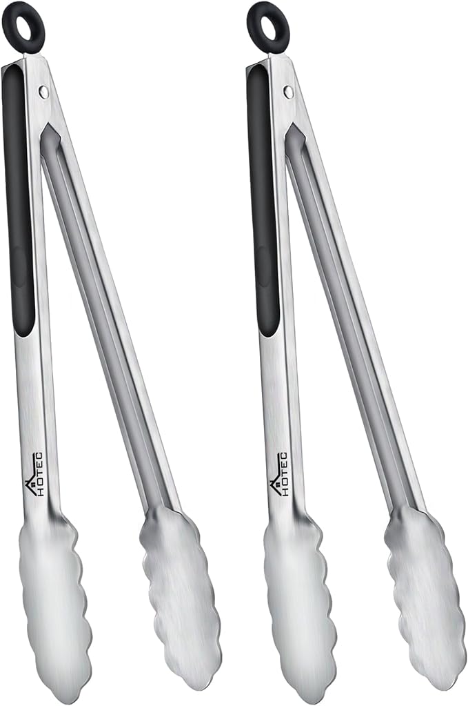 Hotec Stainless Steel Kitchen Tongs, Set of 2-12", Locking Metal Food Tongs for Cooking, Serving, BBQ, Grill Non-Slip Grip