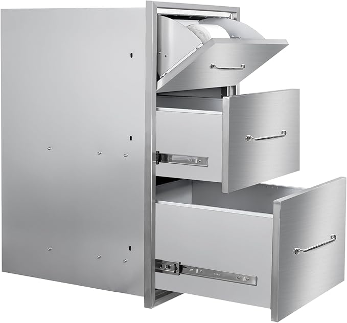 Outdoor Kitchen Drawers with Paper Towel Holder 17"Wx30"Hx20"D Flush Mount Access 3-Drawer BBQ Stainless Steel Drawers with Handle for Outdoor Kitchen Island or Grill Station