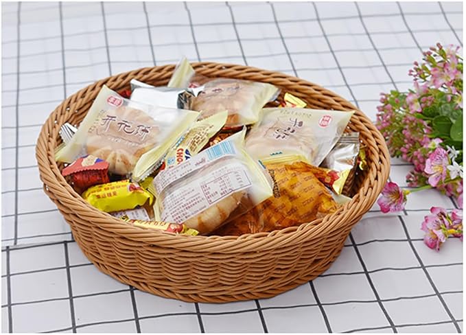 RT&BS 2pcs Round Wicker Bread Basket, Christmas Food Baskets, Eco-Friendly Sturdy Stackable Fruit Basket for Kitchen, Store, Restaurant, Party (Brown, M)