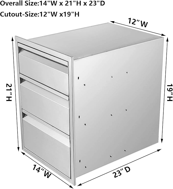 Outdoor Kitchen Drawers 14" W x 21" H x 23" D Triple BBQ Drawers Stainless Steel Built-in Drawer for Patio Grill Station or Outdoor Kitchen Island