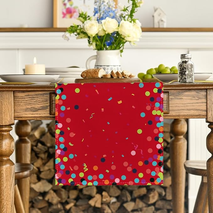 Artoid Mode Polka Dot Red Happy Birthday Table Runner, Seasonal Christmas Winter Kitchen Dining Table Decoration for Home Party Decor 13x72 Inch