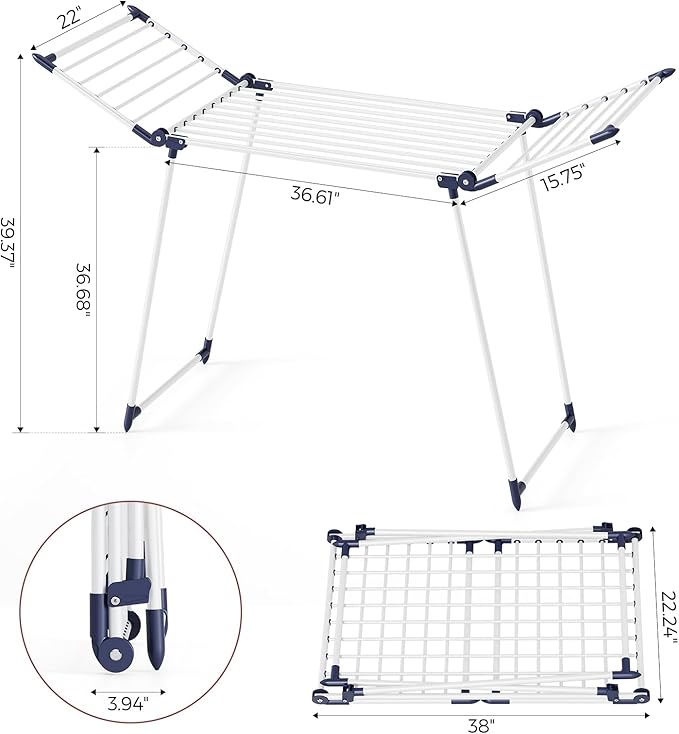 APEXCHASER Clothes Drying Rack Foldable, Large Drying Rack Clothing, Winged Laundry Rack Folding Indoor Outdoor, Metal Clothes Airer for Bedding Towel Sweater Heavy Duty, 68.9" X 22" X41.3", White