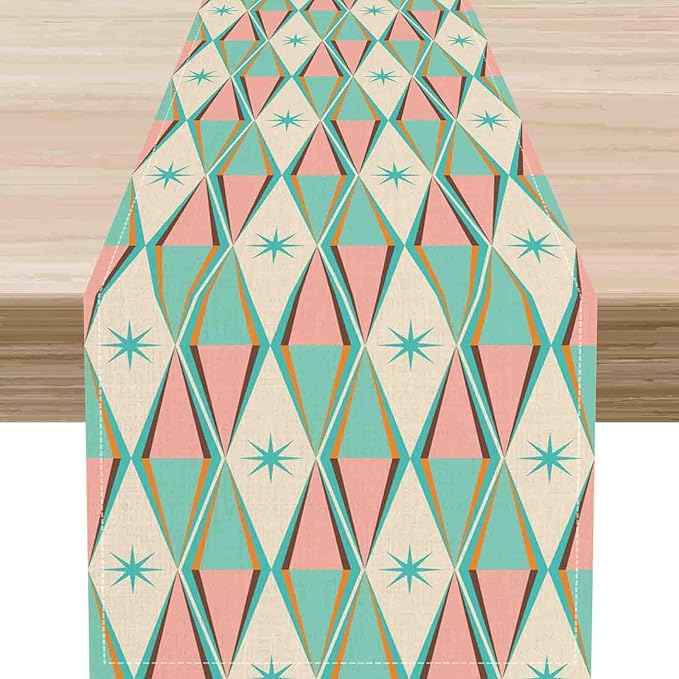 Geometric Table Runner, Retro Mid Century 1950s Modern Abstract Teal Pink Checkboard Coffee Table Center Decor for Home Kitchen Dining Patio Holiday Party Table Decorations, 13"x72" Inch