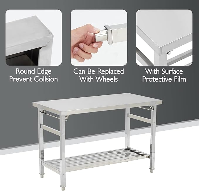 48''x24'' Stainless Steel Folding Preparation Table with Adjustable Undershelf, NSF Commercial Heavy-Duty Workbench, for Kitchen, Hotel, Home, Outdoor Cooking Table