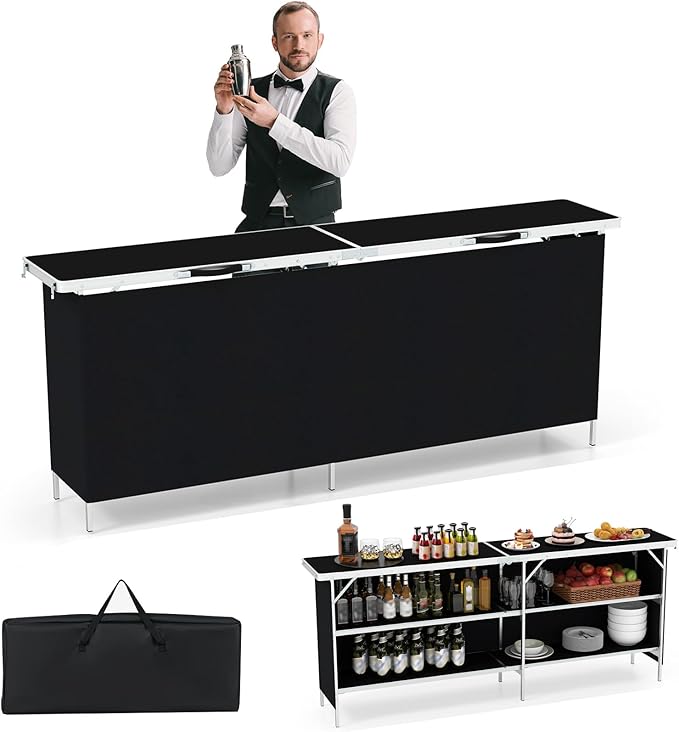 Giantex 81" Extra Long Portable Bar Table with 2-Tier Storage Shelves, Folding Mobile Bartending Station with Removable Skirt, Carry Case, for Events, Parties, Trade Shows (Black, 81''L x 32.5''H)