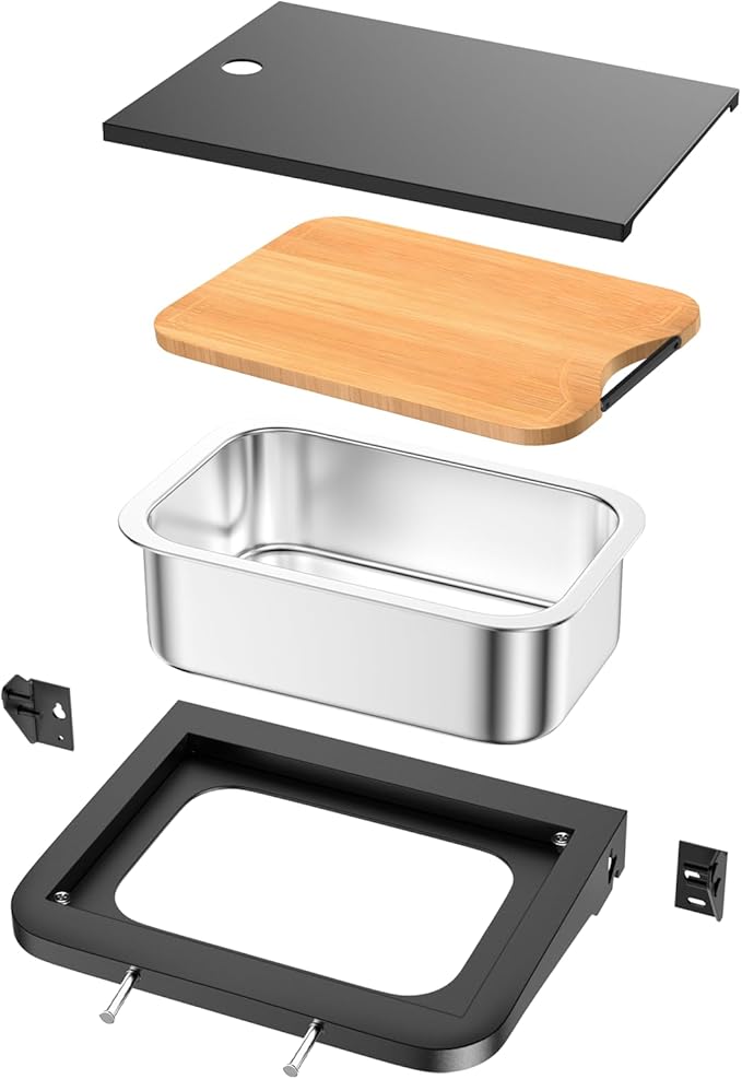 Utheer Grill Side Table Shelf for Weber Searwood 600/600XL – Foldable BBQ Prep Station with Works Cutting Board, Stainless Steel Basin, Lid & Hooks, Side Table for Weber Searwood 600 Accessories