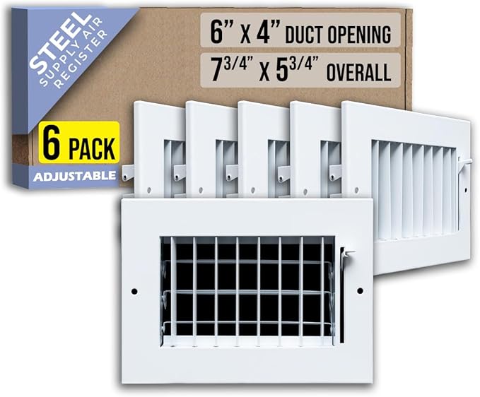 [6 Pack] Fits 6x4 Duct Opening Steel Adjustable Air Supply Grille by Handua | Register Vent Cover Grill for Sidewall and Ceiling | White | Out. Dim.: 7.75" X 5.75"