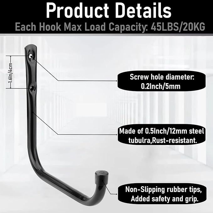 Heavy Duty Garage Hooks, 6.7Inch Wall Mount Garden Tools Storage Hook for Bike, Ladder, Chair, Garden Hose, Power Tool, Indoor Outdoor
