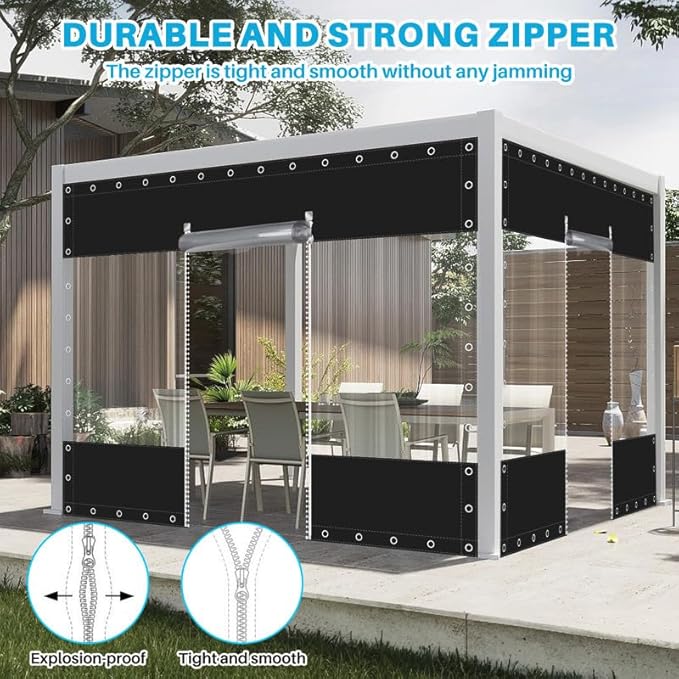 Clear Vinyl Curtains with Zippered Entry, 23oz Heavy Duty Waterproof Anti-UV and Tear-Resistant Tarpaulin with Grommets, Weatherproof Panels for Porch, Pergola, Gazebo, Balcony, Patio, Enclosure