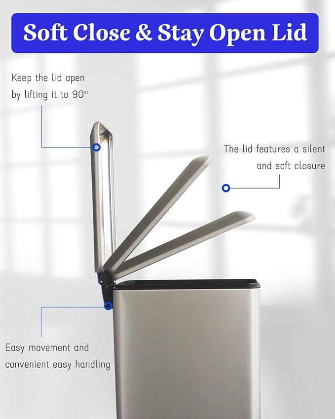 8 Gallon Trash Can with Lid, Stainless Steel Bathroom Garbage Can with Removal Inner Bucket, Soft Close Lid, Step on Trash Bin for Kitchen, Office, Laundry, 30 Liter Capacity, Kohler Grey