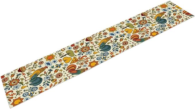 Farm Animal Table Runner, Boho Folk Style Country Rustic Farmhouse Rooster Flower Print Table Runner for Home Kitchen Dining Holiday Decor, 13x120inch