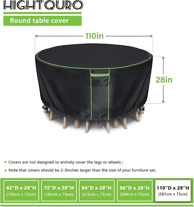 Round Patio Table Cover for Outdoor Table Chairs Set,600D Outdoor Furniture Cover Waterproof,Tear Resistance and Anti-UV,110" Dia x 28" H,Black
