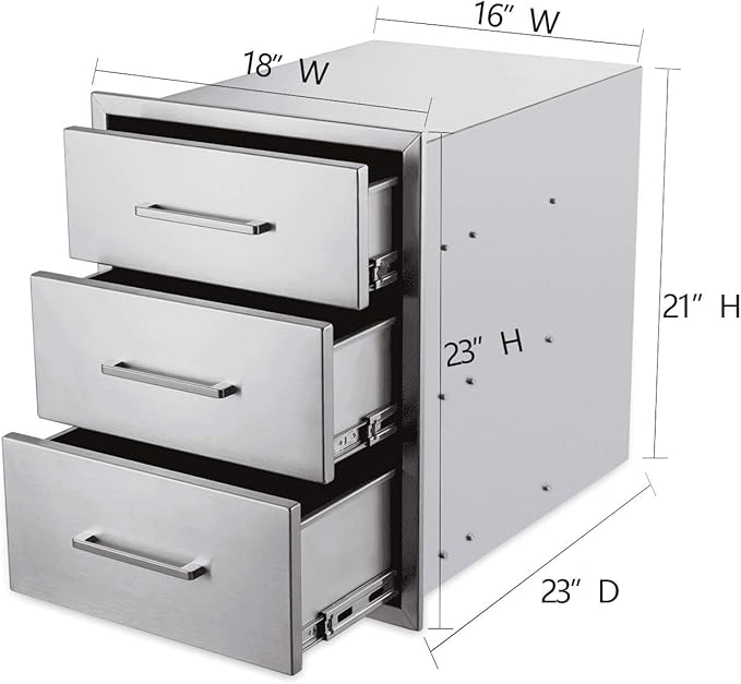yuxiangBBQ Outdoor Kitchen Drawers Stainless Steel 3-Drawer BBQ Drawer 18" W x 23" H x 23" D Enclosed Built-in Drawer Flush Mount for Outdoor Kitchens & BBQ Islands