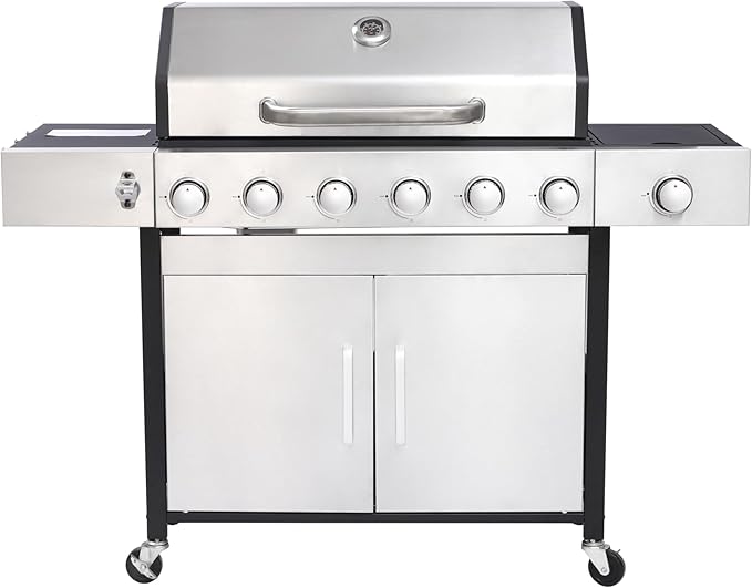 6-Burner Gas Grill with Side Burner, 65850 BTU Outdoor BBQ Grill, 620 sq in Cooking Area with Cast Iron Grates, Enameled Steel Lid & Built-in Thermometer for Patio, Garden, Family Gatherings