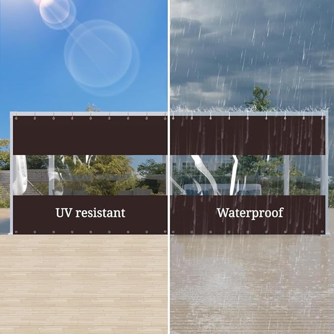 Covers & All Outdoor Clear Panel Curtain, 12 oz Vinyl Outdoor Curtains for Patio, Weather Resistant Waterproof Tarp with Brass Grommets for Pergola, Porch, Gazebos, Balcony (8'H x 12'W Feet, Coffee)