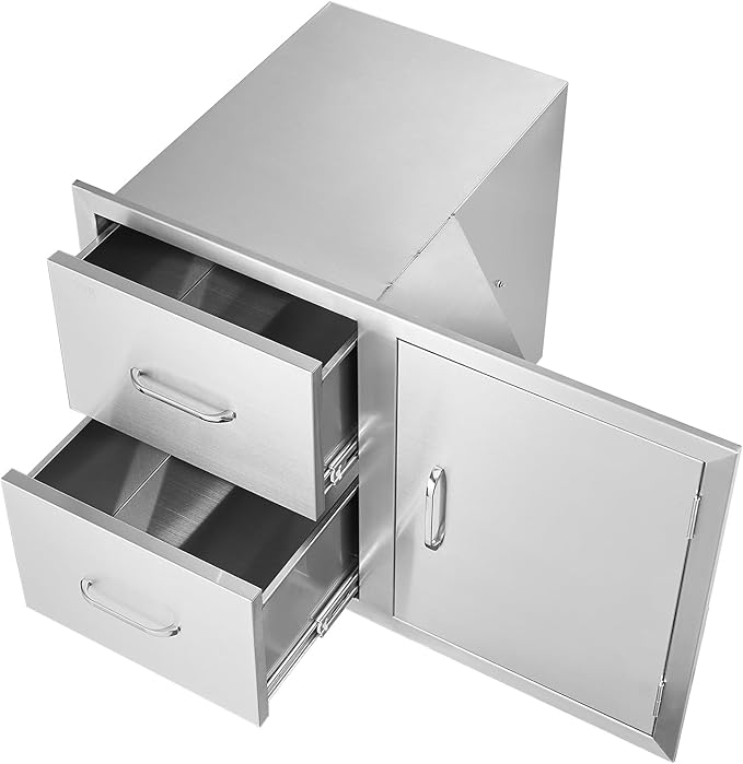 VEVOR Outdoor Kitchen Door Drawer Combo, 32.5" Wx21.7 Hx20.5 D, Access Door Double Drawers with Paper Towel Rack, BBQ Island Drawers with Stainless Steel Handles, 30.7" Wx20 Hx21 D Cutout Size