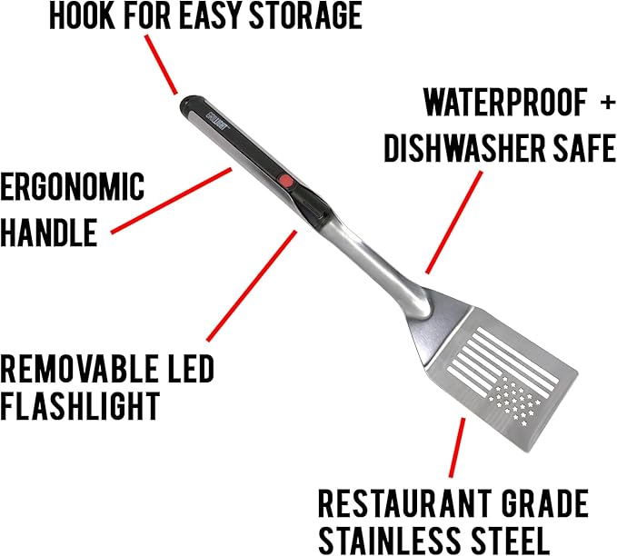 GRILL LIGHT USA Smart Grill Spatula – Restaurant Grade Stainless Steel | Super Bright LED Light to Grill in the Dark | Waterproof & Dishwasher Safe | Camping Barbecue Grilling Spatula