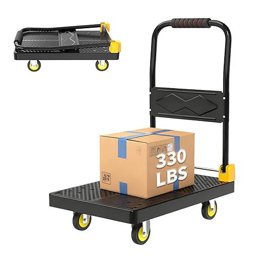 Push Cart Dolly - Foldable Heavy - Duty Flatbed Platform Cart with 360 - Degree Rotating Wheels for Moving in Food Truck and Trailer, Load Capacity 330 lbs, Black Yellow