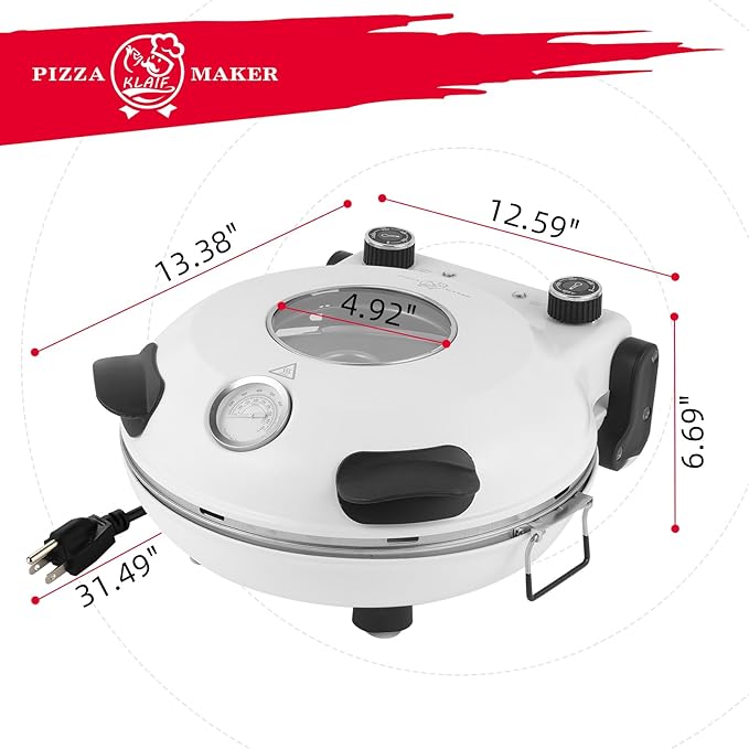 KLAIF 12" Electric Countertop Pizza Oven Indoor With Ceramic Stone, Dual Adjustable Temperature Controls, Includes 4 Pizza Tools, LMR-White