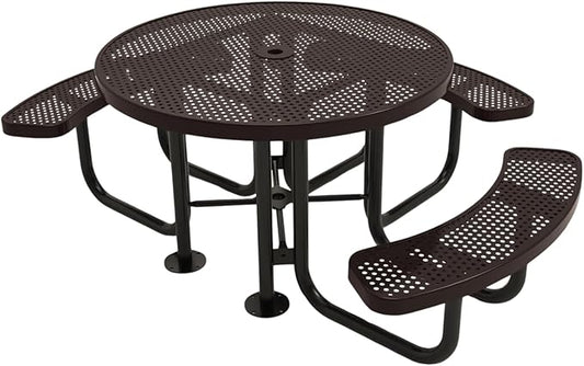 COATEDOUTDOORFURNITURE Heavy-Duty Portable Outdoor Picnic Table with Umbrella Hole, Punched Steel Patio Dining Furniture Made in America (46" Round Top, Brown)
