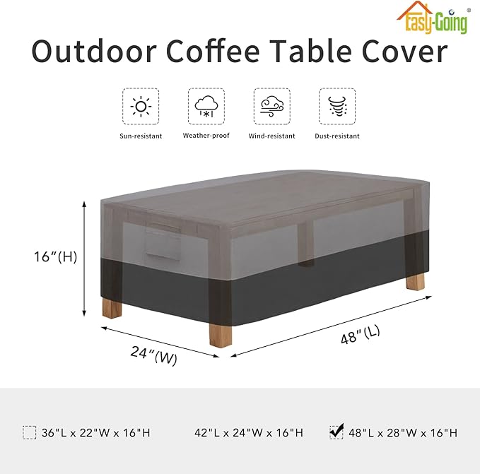 Easy-Going Patio Coffee Table Cover Small Outdoor Rectangular Table Cover, UV Resistant Waterproof Patio Furniture Ottoman Cover (48" Lx28 Wx16 H, Gray/Black)