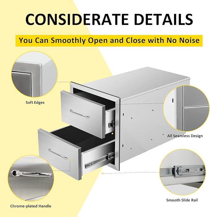 Outdoor Kitchen Drawers 14" W x 15" H x 23" D Flush Mount Double BBQ Drawers with Chrome Handle Stainless Steel Drawer for Outdoor Kitchen Island, Patio Grill Station