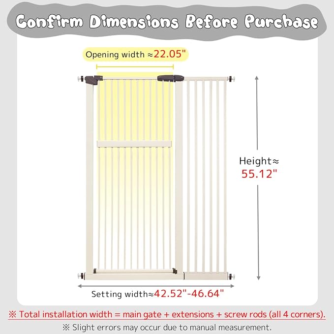 Lumizone Extra Tall Pet Gate 55.12" High Pressure Mounted 42.52"-46.64" Extra Wide (9 Sizes) 1.37" Gap for Cat Dog Stairs Doorway Hallway No Drilling Auto-Close (42.52"-46.64" W, Cream White)