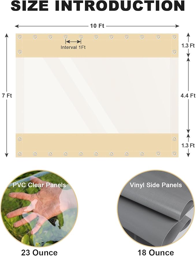 Clear Vinyl Curtains for Patio Enclosure, 23oz Heavy Duty Waterproof Anti-UV and Tear-Resistant Tarpaulin with Grommets, Weatherproof Panels for Porch, Pergola, Gazebo, Balcony, Outdoor