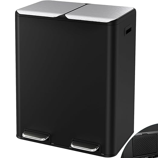 Arlopu 16Gal Dual Trash Can w/2 Built-in Box for Odor Control, Hands-Free Kitchen Garbage Bin, Recycle Waste Dustbin, Soft-Close Lid, 2 Buckets,Foot Pedal, Side Handle, Airtight,for Home (Black)