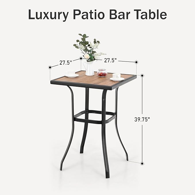 PHI VILLA Patio Bar Table, Outdoor Bar Height Bistro Table with Wooden-Like Table Top & Metal Frame, Brown
