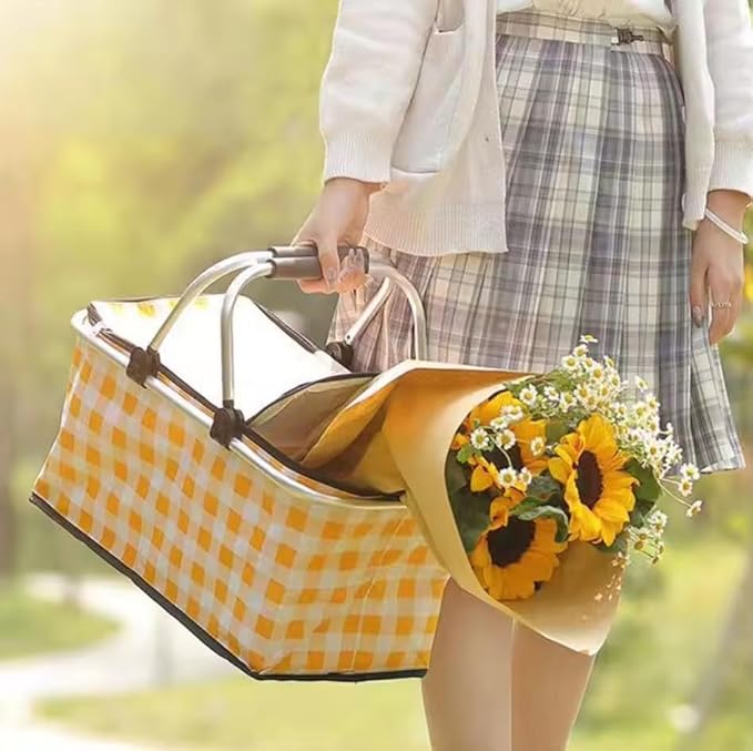 Insulated Picnic Basket Cooler Bag with Leak-Proof Liner, 26L Large Capacity for 12 Adults, Picnic Basket with Sturdy Handles for Outdoor Activities, Travel, Beach, Camping (Yellow)