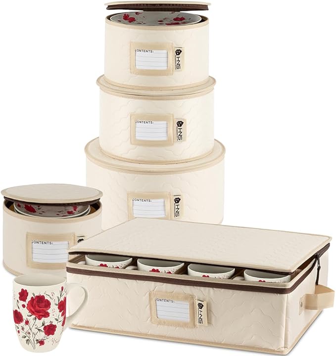 China Storage Hard Shell Containers 5-Piece Set Moving Boxes for Dinnerware, Glasses, Plates, Mugs and Saucers Sturdy Dish Organizer with Dividers for Seasonal Storage - Service for 12 - Beige Quilted