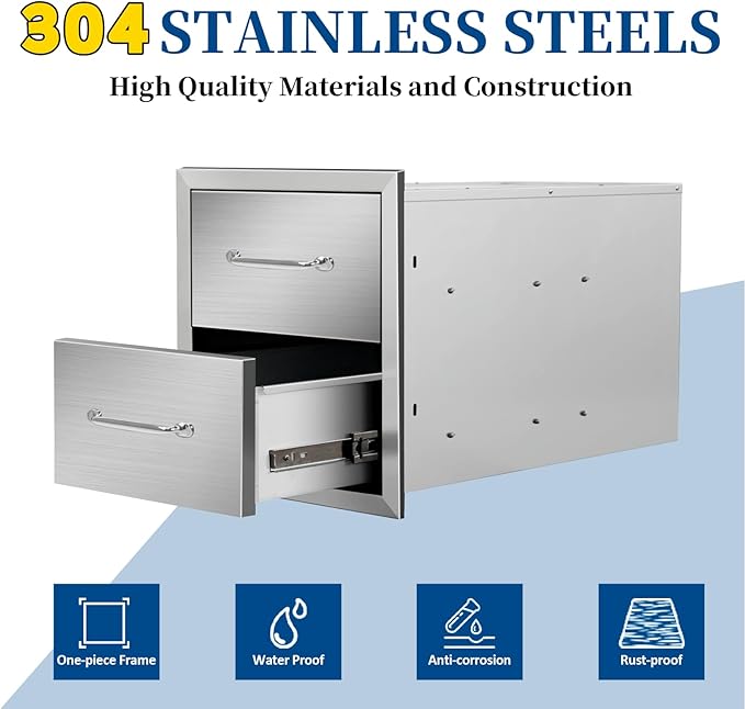 Outdoor Kitchen Drawers 14"Wx15"Hx23"D Flush Mount Access 2-Drawer BBQ Stainless Steel Drawers with Handle for Outdoor Kitchen Island or Grill Station